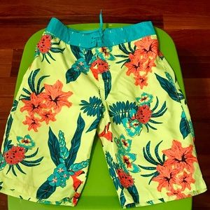 Gymboree Yellow Swim Trunks with Teal Waistband and Coral Floral Print